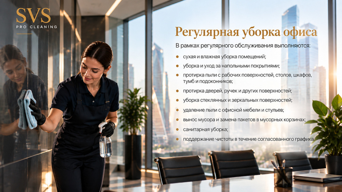 Девушка моет стекло в офисе "Москва Сити" -  улуги клинига от компании SVS